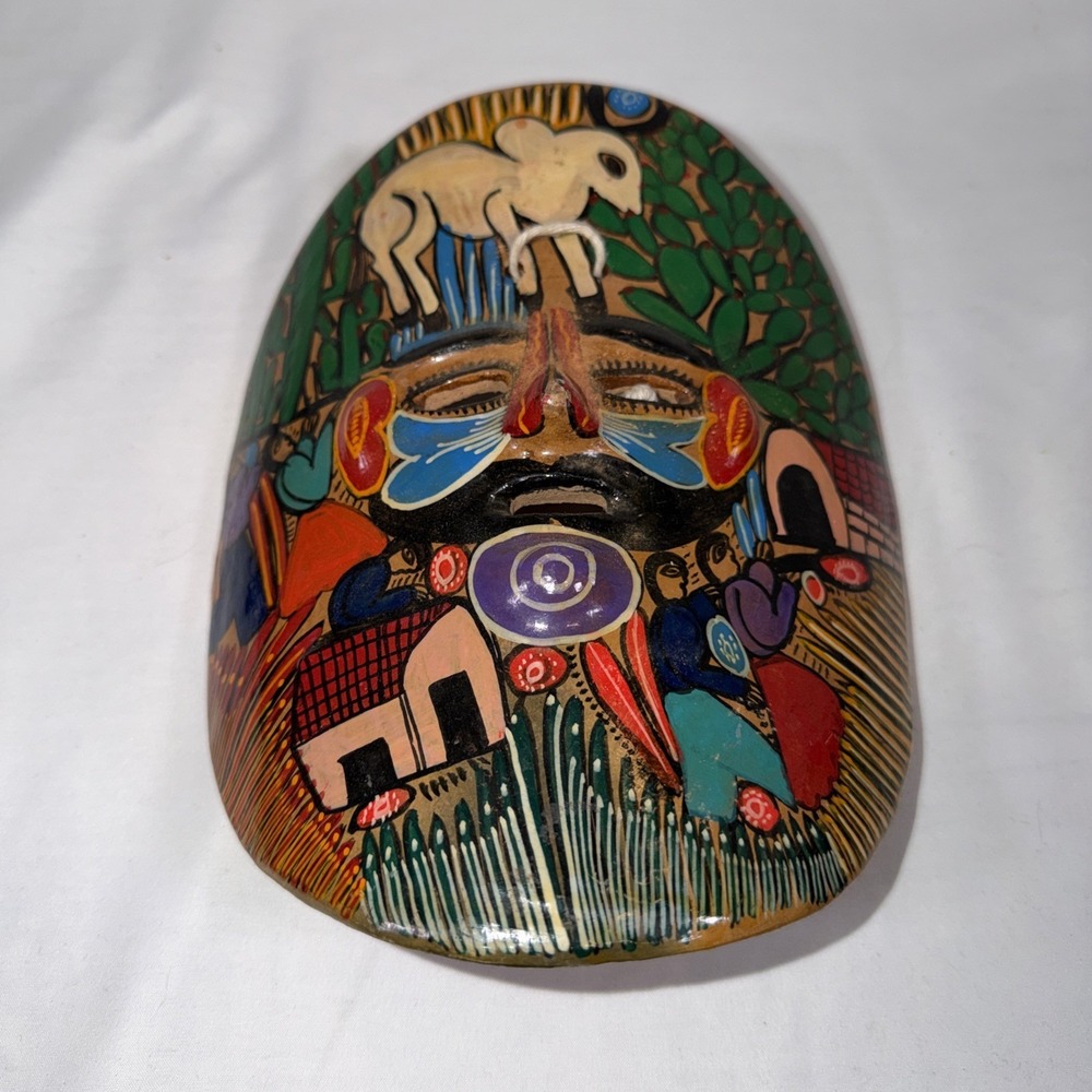 Hand‎ Painted Terracotta Folk Art Mask Lamb Village Scene Latin American Wall
